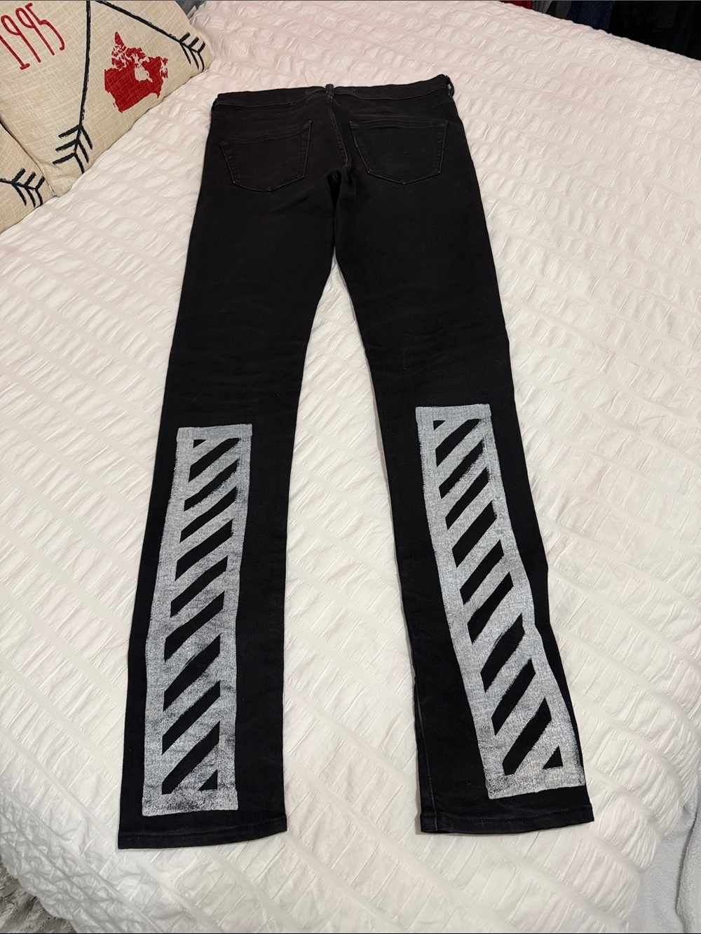 Off-White Black Flared Jeans with Silver Diagonal Stripe Panels